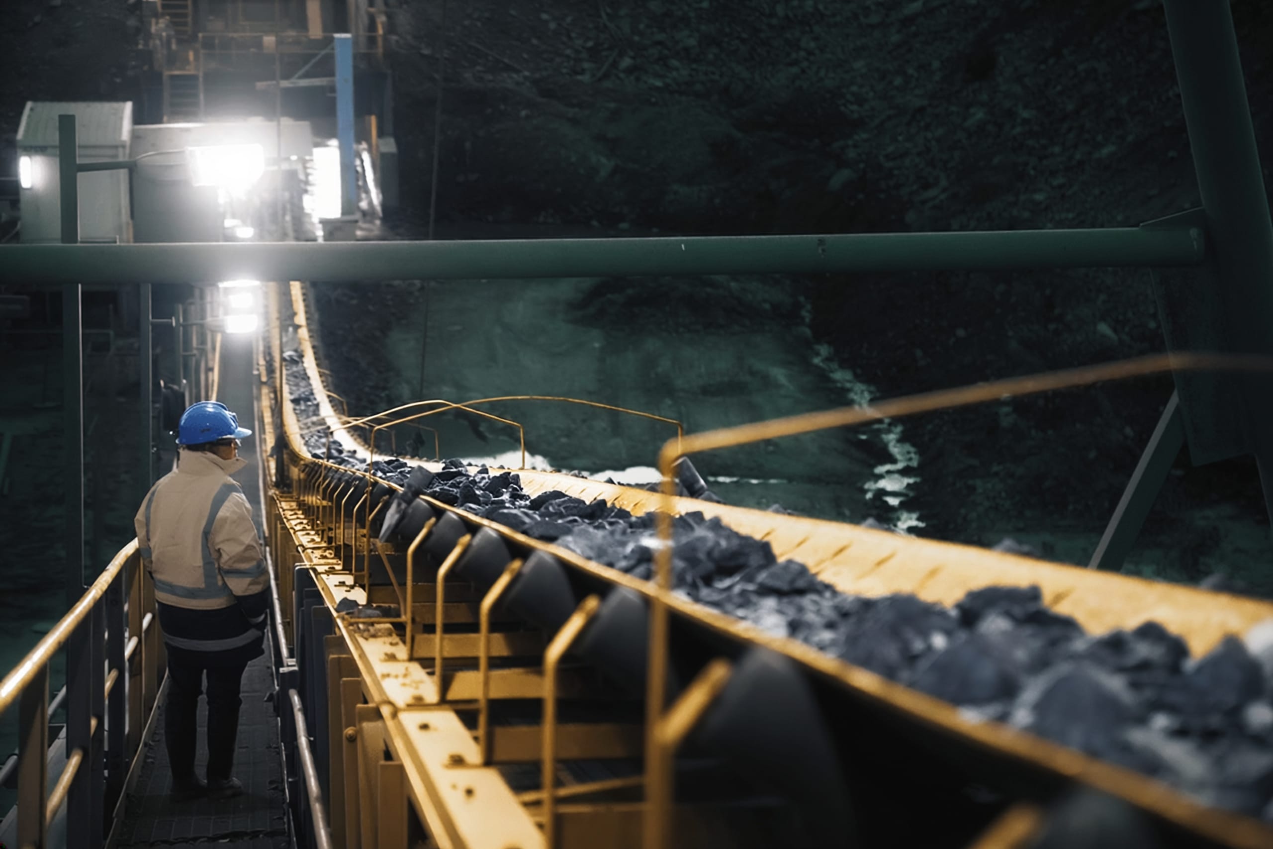 A worker in a hard hat and high-visibility jacket watches a loaded ore conveyor inside a mine, floodlights picking out the rock face beyond